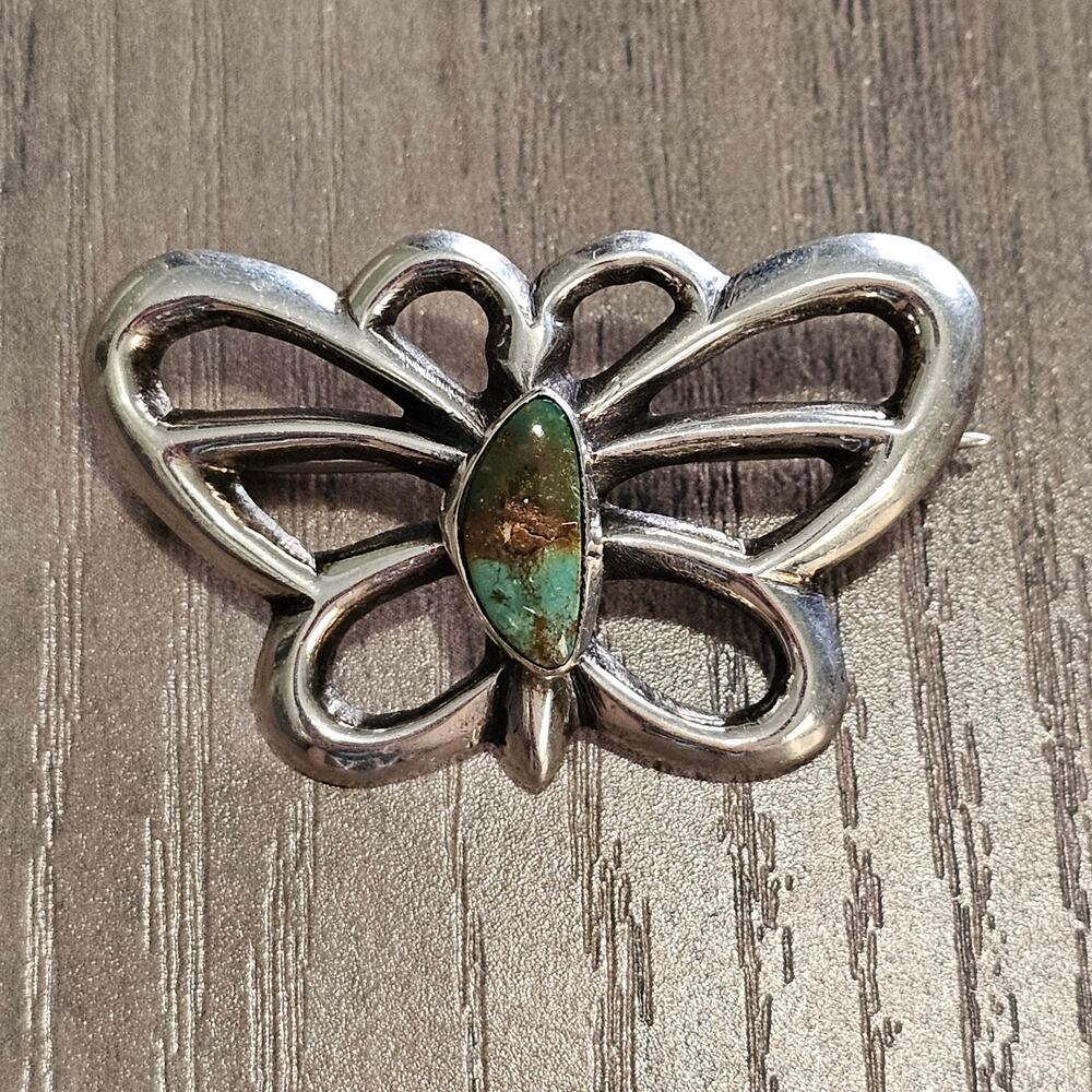Vintage FJ Navajo Silver Butterfly Brooch Pin with Turquoise Stone center